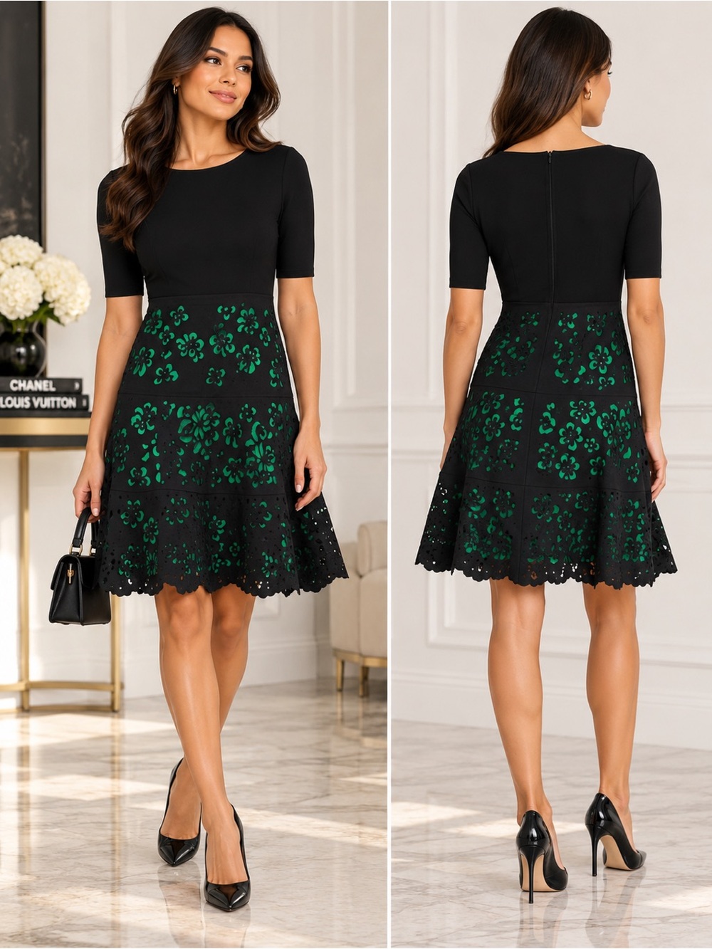 NEW FOCUS by Shani Laser Cut Ponte Knit Fit & Flare Dress – Green, Size 6